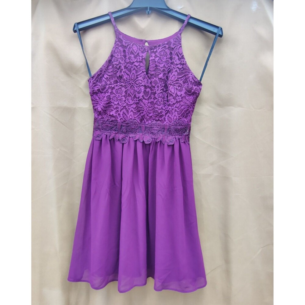 BCX Women's 5 Purple Halter Sleeveless Fit & Flare Lace Short Lined Dress